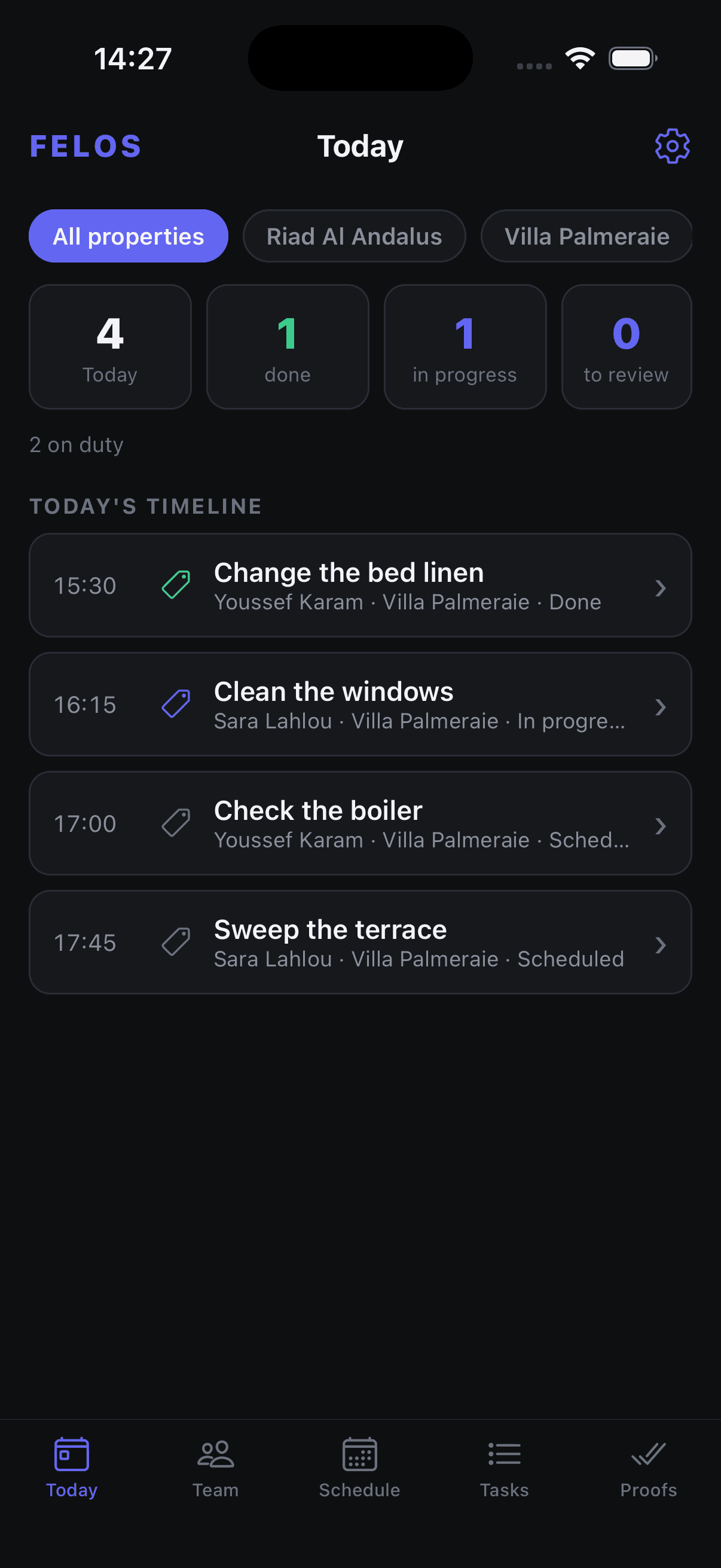 The Felos app: a manager's Today screen with counters, a late task and the day's timeline